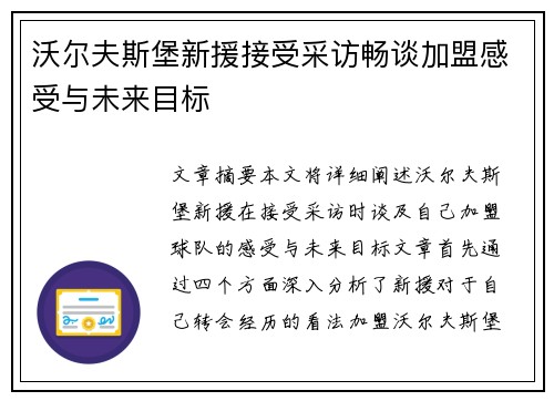 沃尔夫斯堡新援接受采访畅谈加盟感受与未来目标