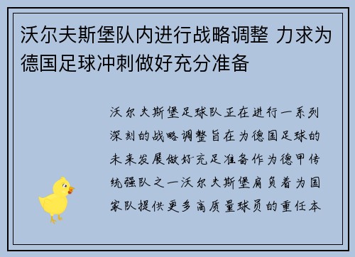 沃尔夫斯堡队内进行战略调整 力求为德国足球冲刺做好充分准备