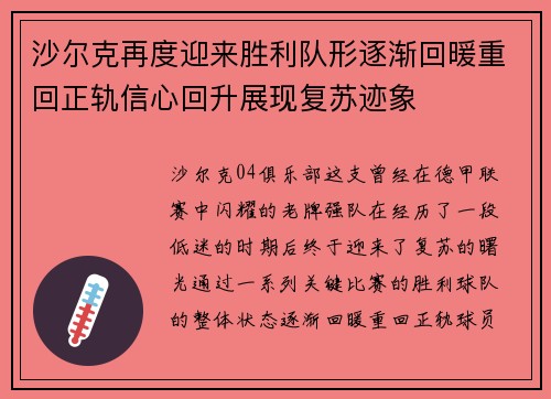 沙尔克再度迎来胜利队形逐渐回暖重回正轨信心回升展现复苏迹象