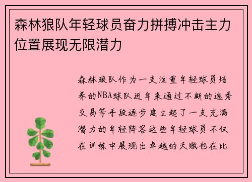 森林狼队年轻球员奋力拼搏冲击主力位置展现无限潜力